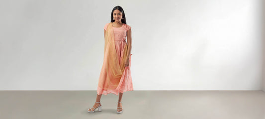 Indian Receptions|Peach Banarasi Georgette Dress with Gold Net Dupatta | Indian Ethnic Wear | Indian Attire For Women | festive indian wear | indian wear usa | Indo Western