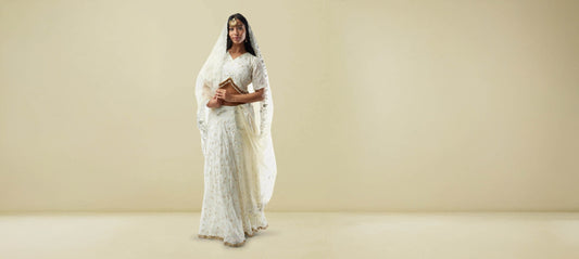 Indian Wedding|White Banarasi Georgette Self Embroidered Lehenga with Lace Work | Lehengas For Wedding | Indian Ethnic Wear | Indian Attire For Women