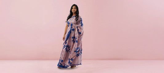 Saree |Pink with Blue Print Jaipur Cotton Saree | Sarees Online USA | Indian Ethnic Wear | Sarees From India
