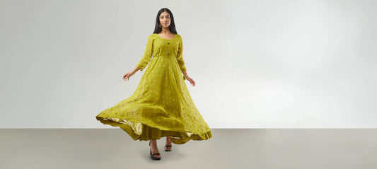 Dress / Indo-Western|Green Banarasi Georgette Anarkali Dress with Gold Butta | Anarkali Suit | Anarkali Dress | Indian Anarkalis | Indian Ethnic Wear