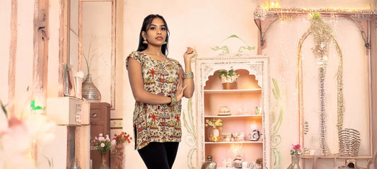 Indian Casual| Chic Cream Printed Casual Short Top | Short Kurtis | Indian Attire | Indian Wear for Women | Women's Tops | Indian Short Tops | Indian Wear for Women