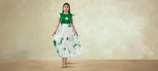 Shibori Print|White and Green Shibori Printed Georgette Layered Dress with Gold Butta | Indo Western Dress | formal indian dress | Indo Western Outfits | indian wear