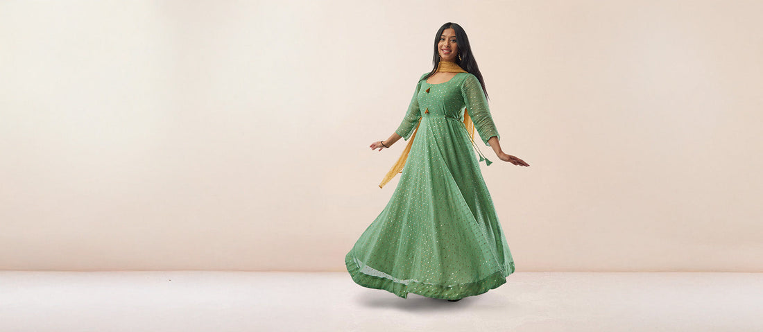 Sea Green Banarasi Georgette Anarkali Dress with Gold Butta | Muvvas Boutique | indian clothing sites | Indian Attire for Women | Indo Western Dress