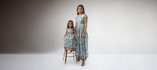 White and Blue Kalankari Print | Mother Daughter Dress Matching | mom & daughter boutique