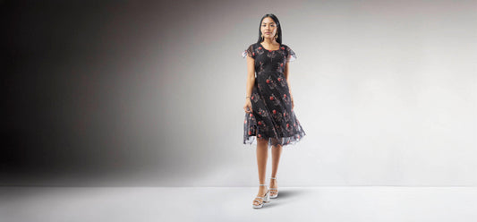Vibrant Verve - Black Printed Chiffon Knee Length Dress | Indian Ethnic Wear | Indian dress in USA