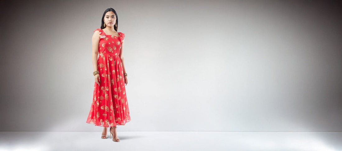 Red Printed Chiffon Ankle Length Dress | Indo Western Dress | Indian Attire for Women | chiffon outfits | modern Indian wear