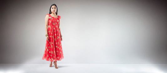 Red Printed Chiffon Ankle Length Dress | Indo Western Dress | Indian Attire for Women | chiffon outfits | modern Indian wear