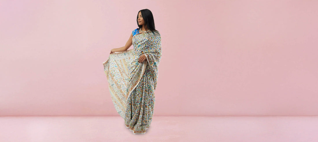 Saree |White Printed Kashmiri Silk Saree | Sarees Online USA | Indian Ethnic Wear | Sarees From India