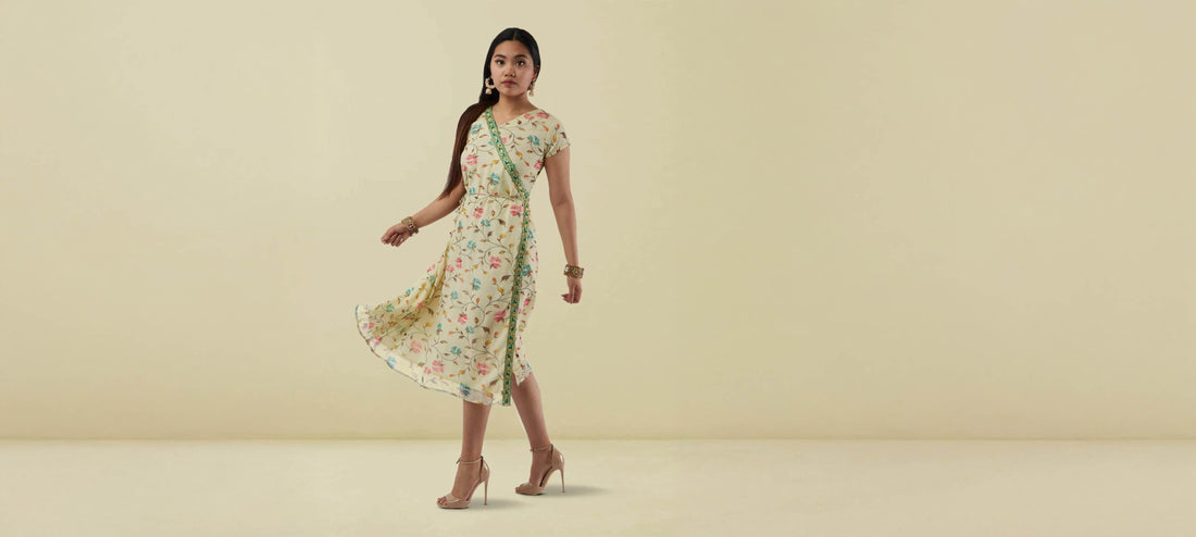 Knee Length Dress |Cream Printed Chiffon Knee Length Wrap Dress | Indo Western Dress| Modern Indian Wear | Indo Western Outfits | indian wear usa | casual indian wear
