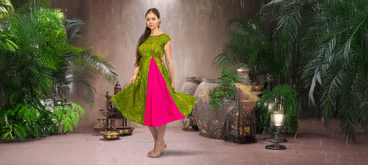 Fancy Silk|Green Pink Silk Elegant Dress | Indian Ethnic Wear | Modern Indian Wear | Indian Attire For Women | indian dress in usa online | Indian Dresses From I
