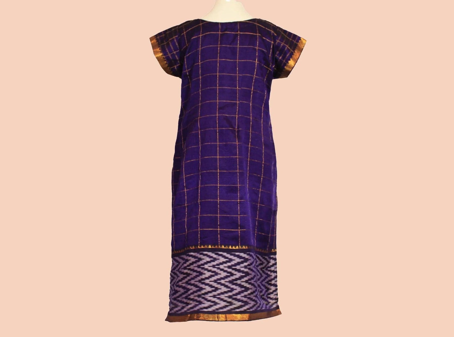 Purple Checkered Silk Knee-length Kurta with Gold Border | Muvvas Boutique.