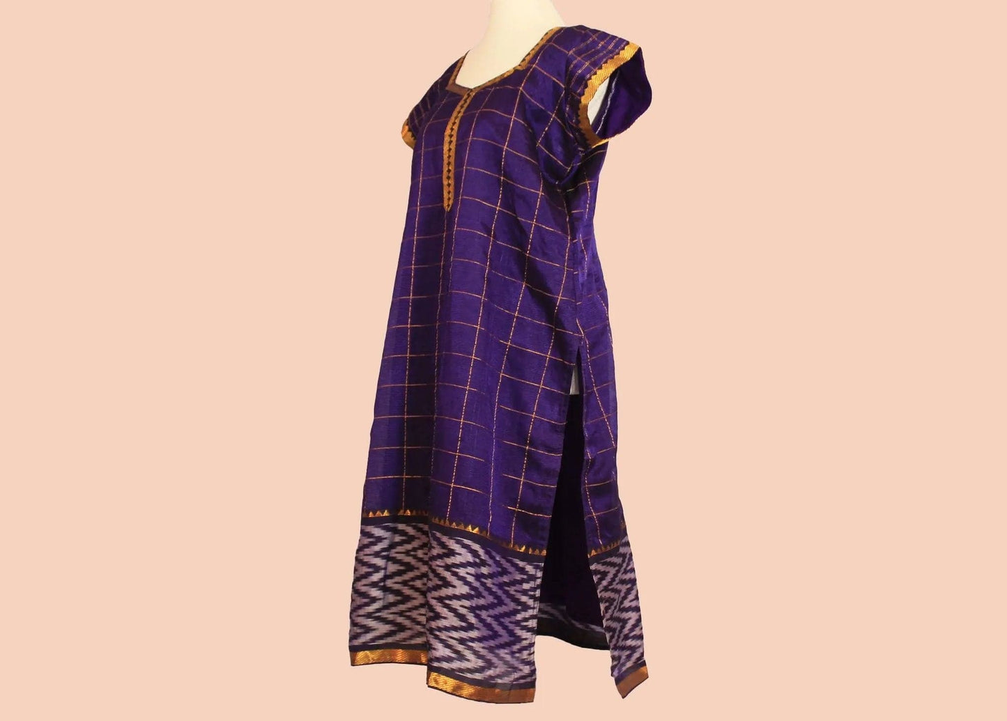 Purple Checkered Silk Knee Length Kurta with Gold Border | Indian Kurtas for Women | Muvvas Boutique.