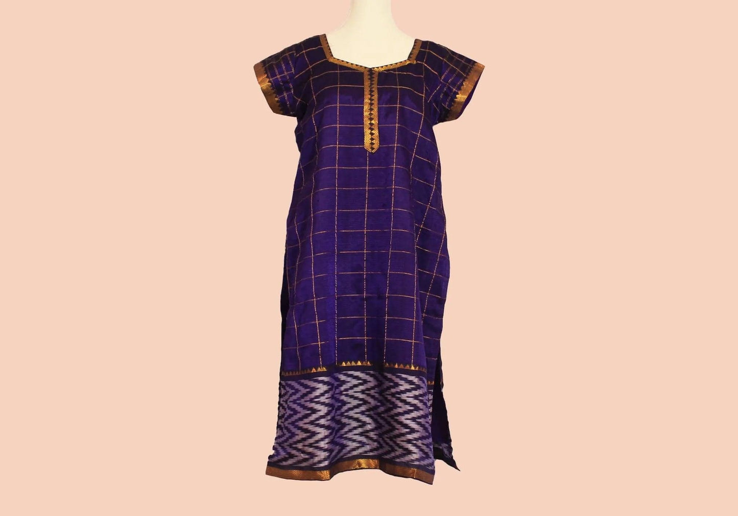 Purple Checkered Silk Knee-length Kurta with Gold Border | Muvvas Boutique.
