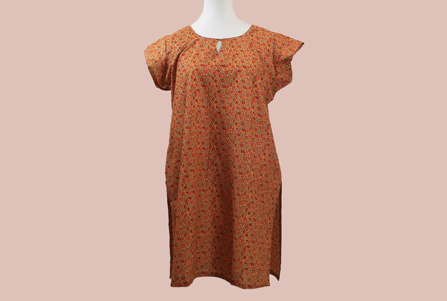 Orange and red printed kurta in casual cotton style from Muvvas Boutique.