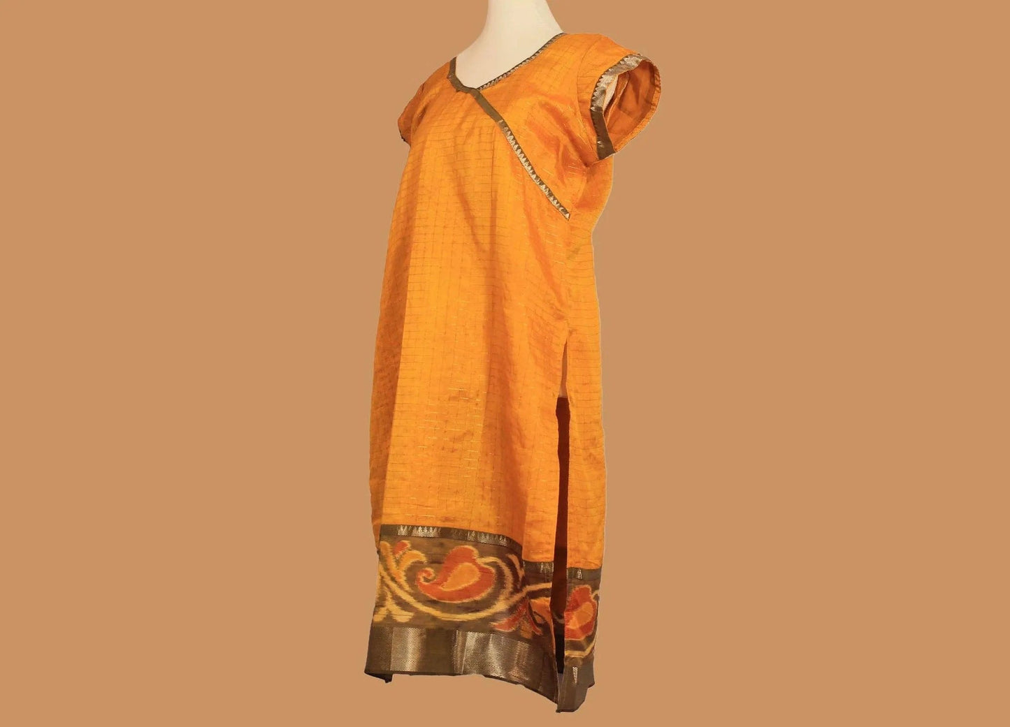 Yellow and Blue Silk Knee Length Kurta with Gold Border | Indian Kurtas for Women - Muvvas Boutique