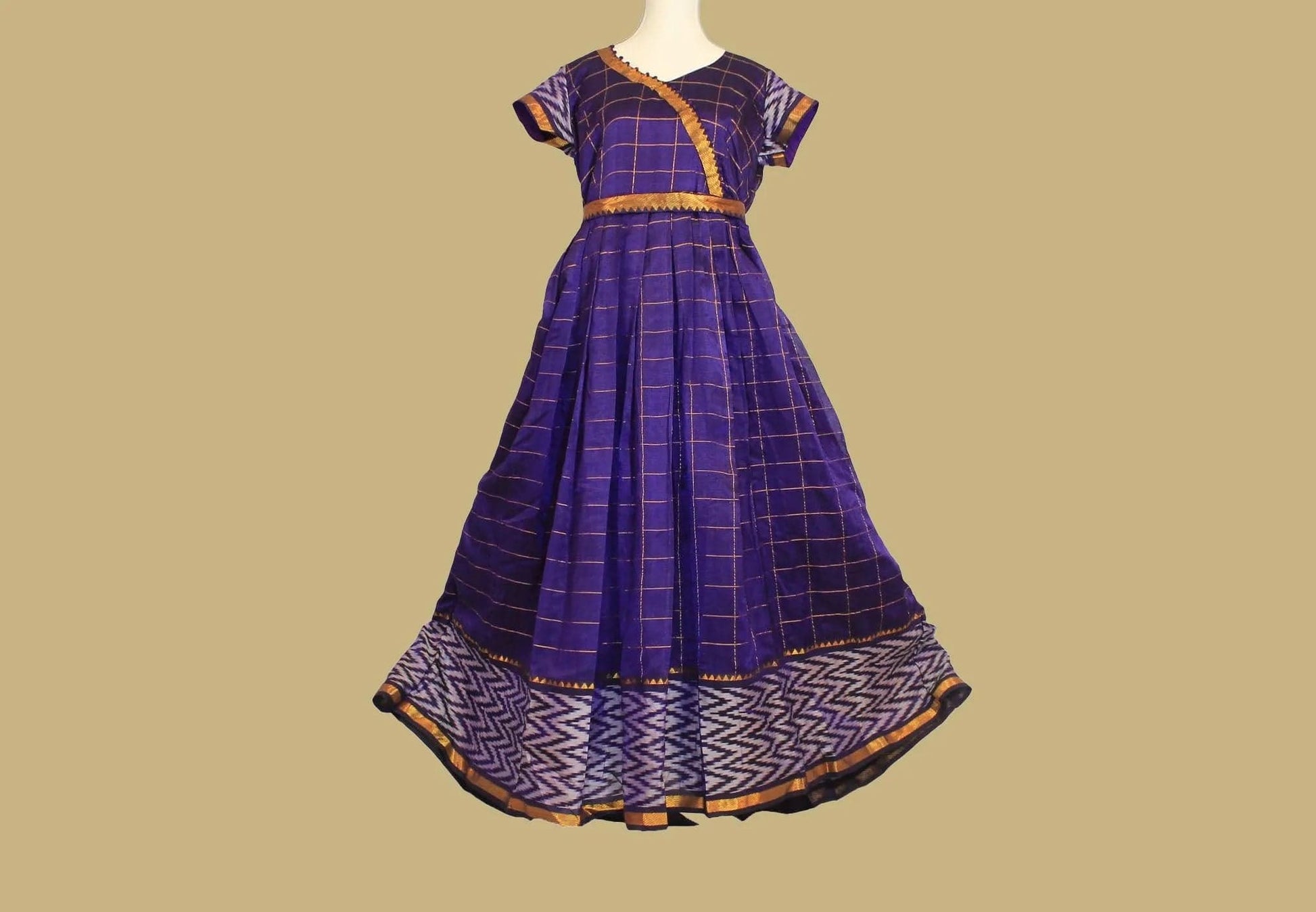 Anarkali Dress - Purple Checkered Silk with Gold Border  | Indian Ethnic Wear | Anarkali Suit | Anarkali Dress | Indian Anarkalis
