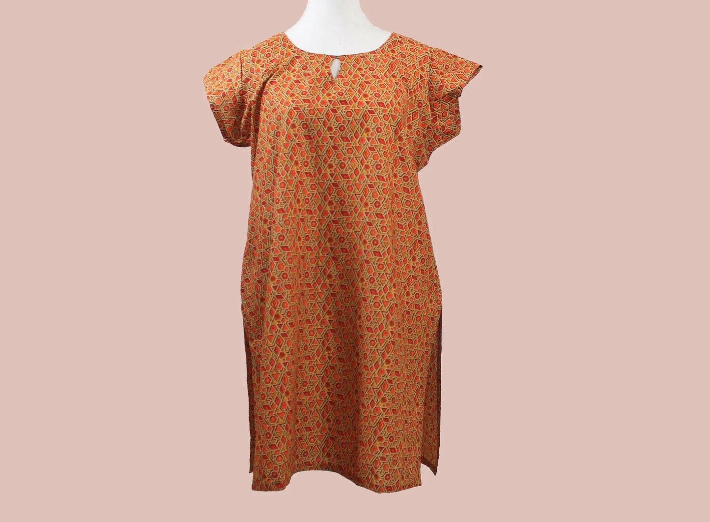 Orange and red printed kurta in casual cotton style from Muvvas Boutique.