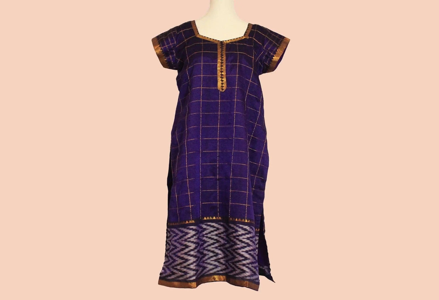 Purple Checkered Silk Knee-length Kurta with Gold Border | Muvvas Boutique.