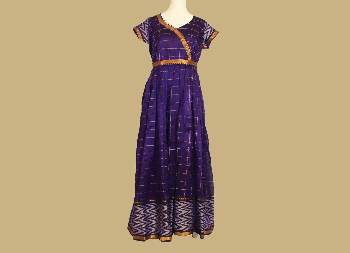 Anarkali Dress - Purple Checkered Silk with Gold Border | Indian Ethnic Wear | Anarkali Suit | Anarkali Dress | Indian Anarkalis