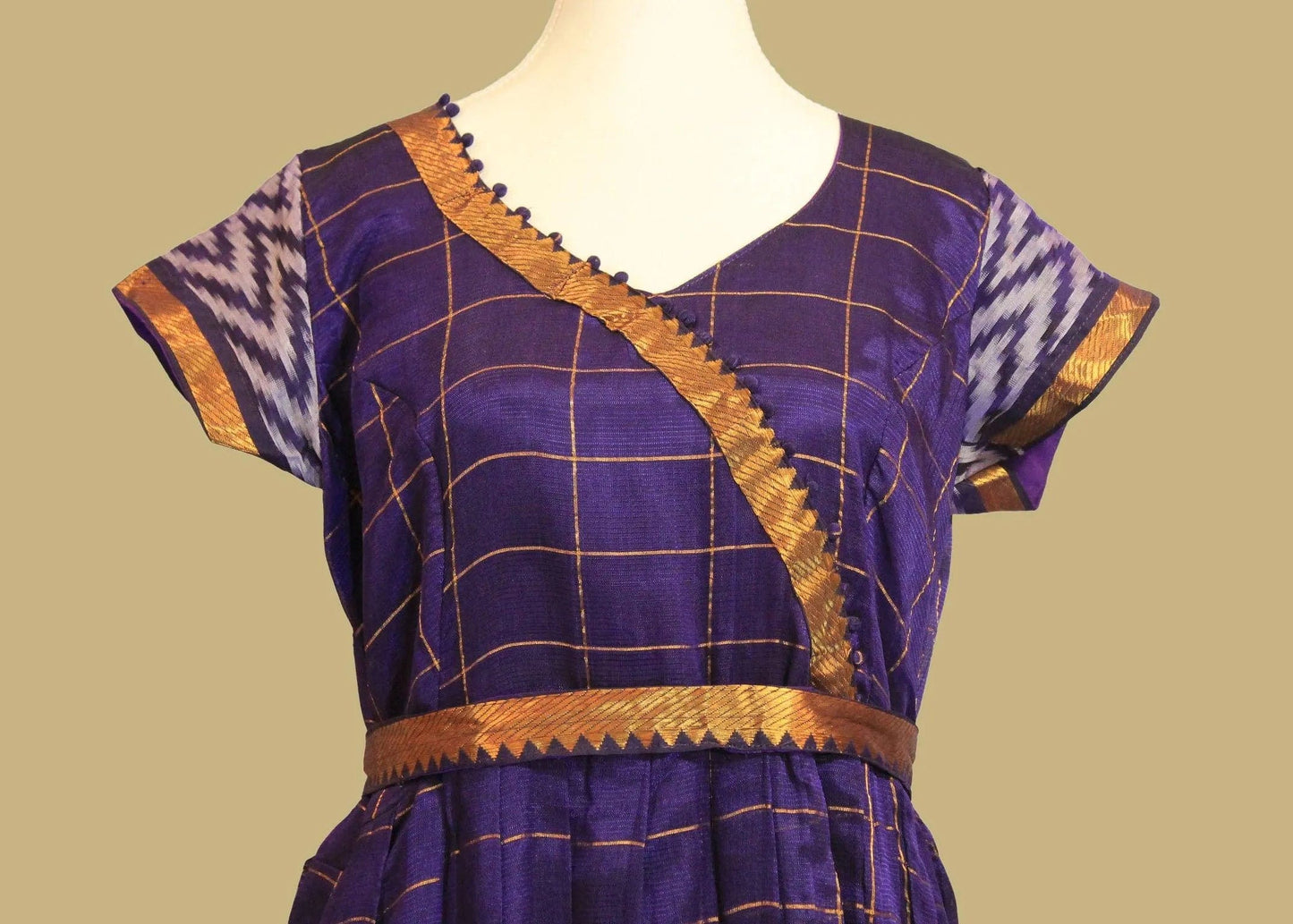 Anarkali Dress - Purple Checkered Silk with Gold Border | Indian Ethnic Wear | Anarkali Suit | Anarkali Dress | Indian Anarkalis