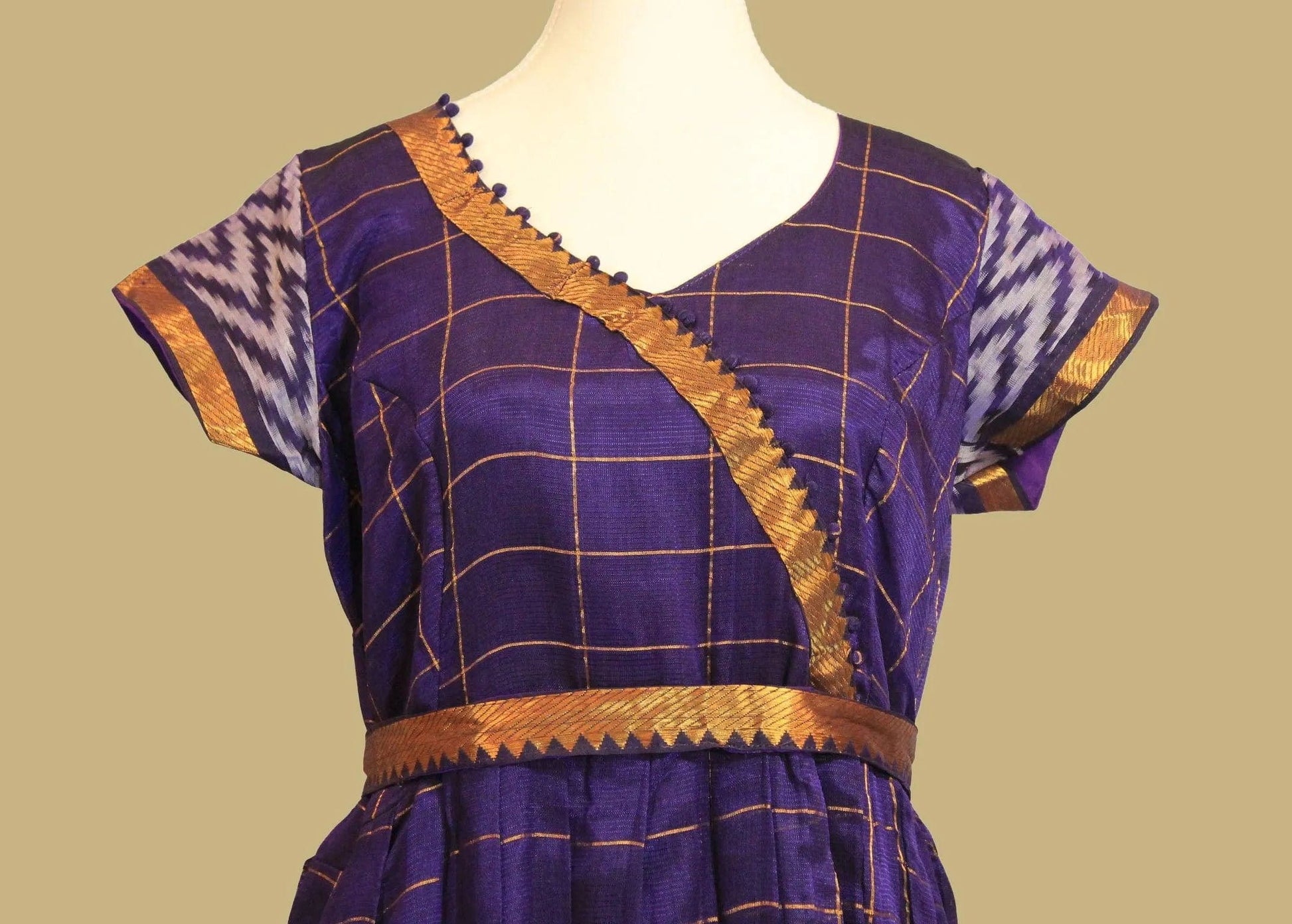 Anarkali Dress - Purple Checkered Silk with Gold Border  | Indian Ethnic Wear | Anarkali Suit | Anarkali Dress | Indian Anarkalis
