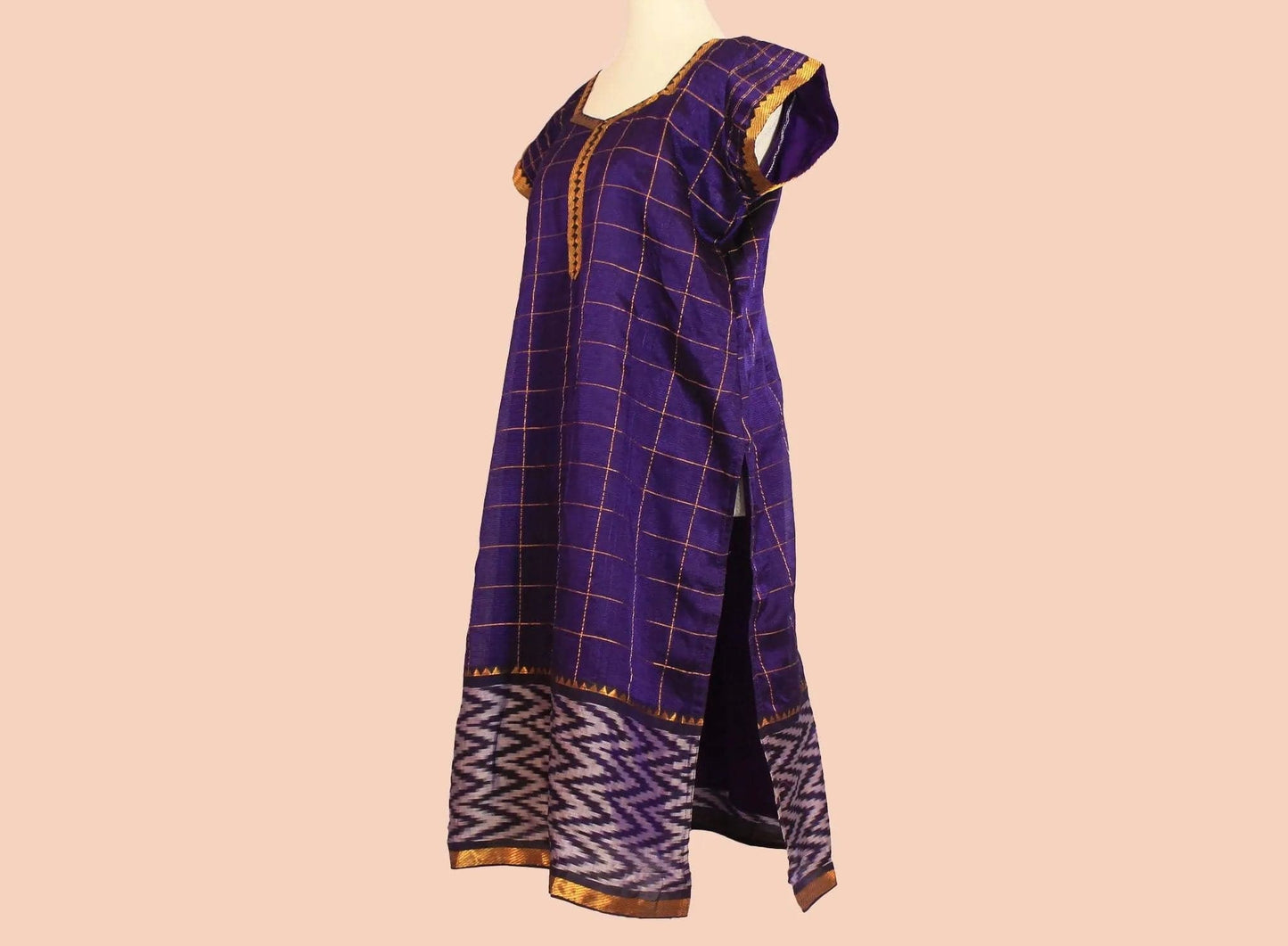 Purple Checkered Silk Knee-length Kurta with Gold Border | Muvvas Boutique.