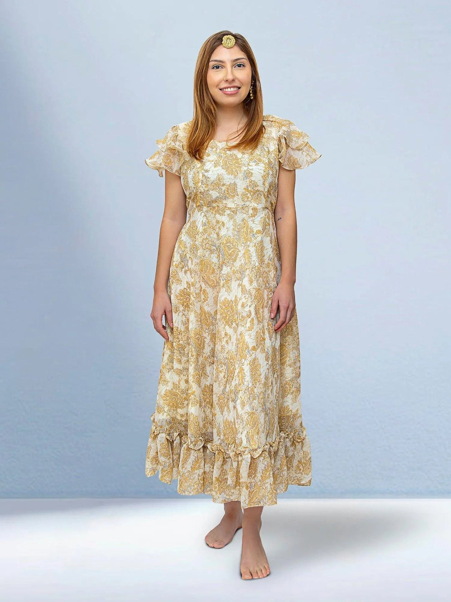 Indian-Western Kurta Beige Ivory Dress | Printed Chiffon | Muvvas Boutique