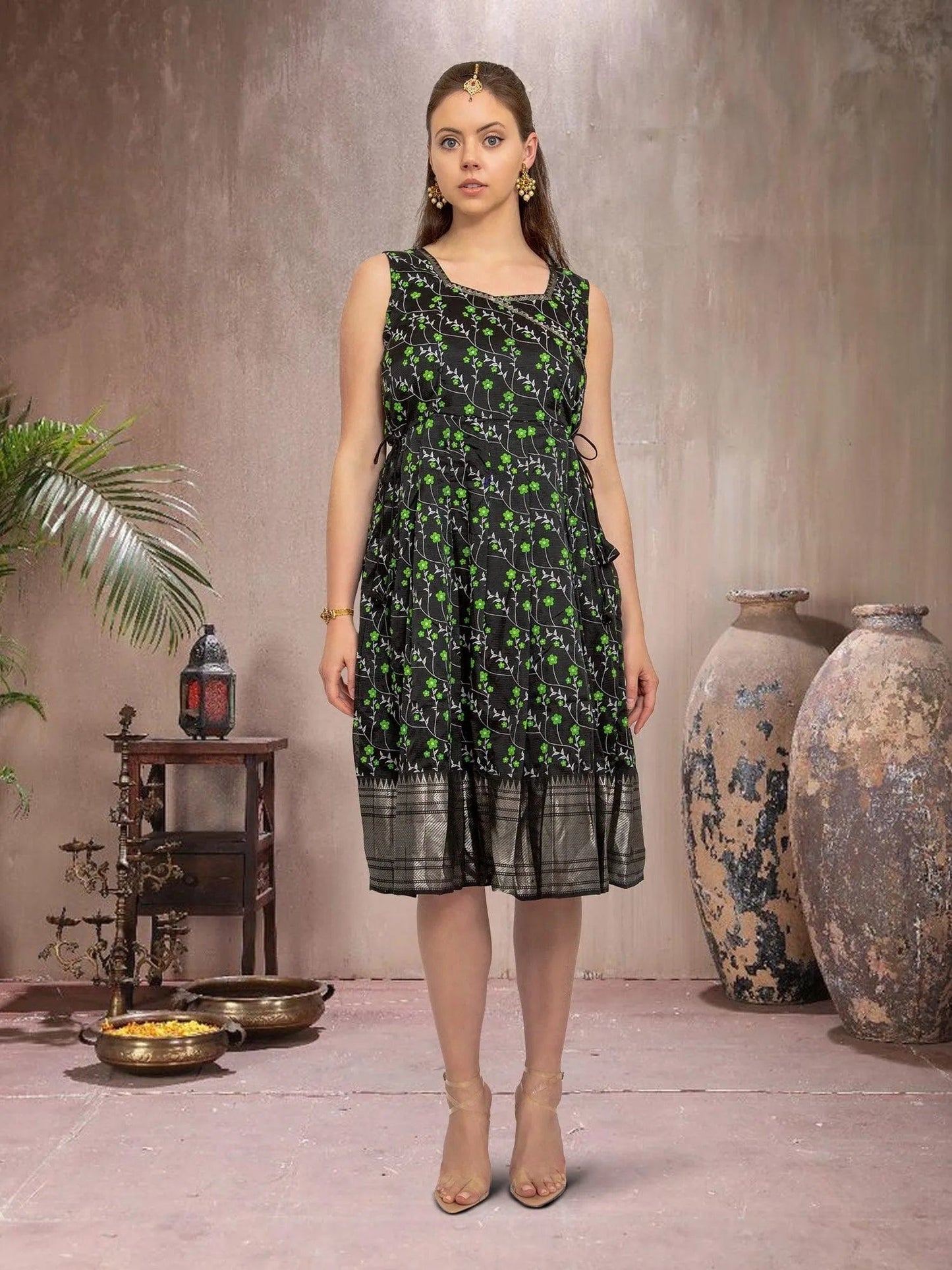 Festive Fusion Black and Green Silk Knee Length Dress | Indian Ethnic Wear | Modern Indian Wear | Indian Attire For Women | Indian Dresses From India | indian dress in usa online