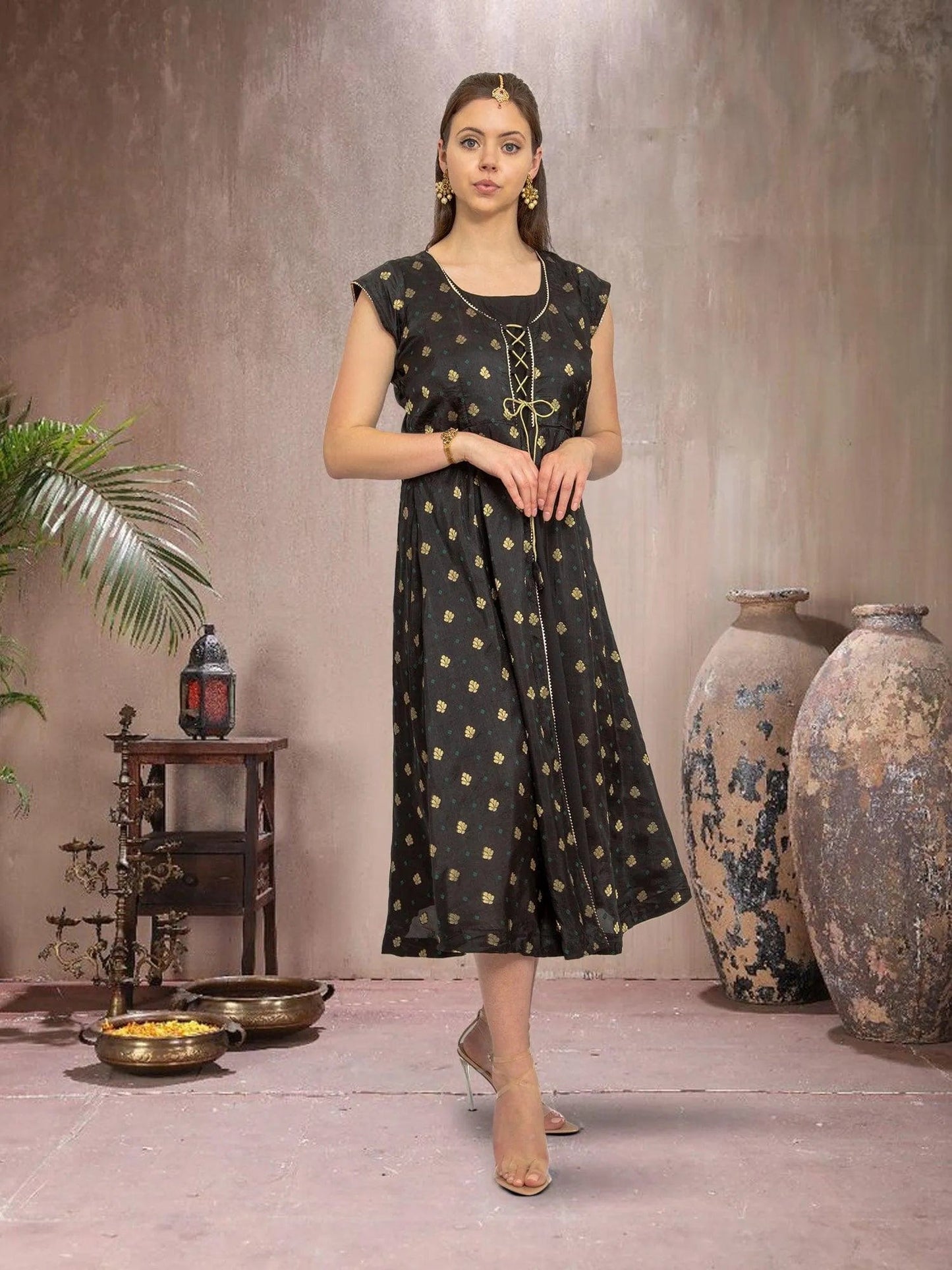 Luxury Black Gold Silk Knee-Length Dress | Indian Ethnic Wear | Modern Indian Wear | Indian Attire For Women | Weddings Engagement Parties | indian dress in usa online