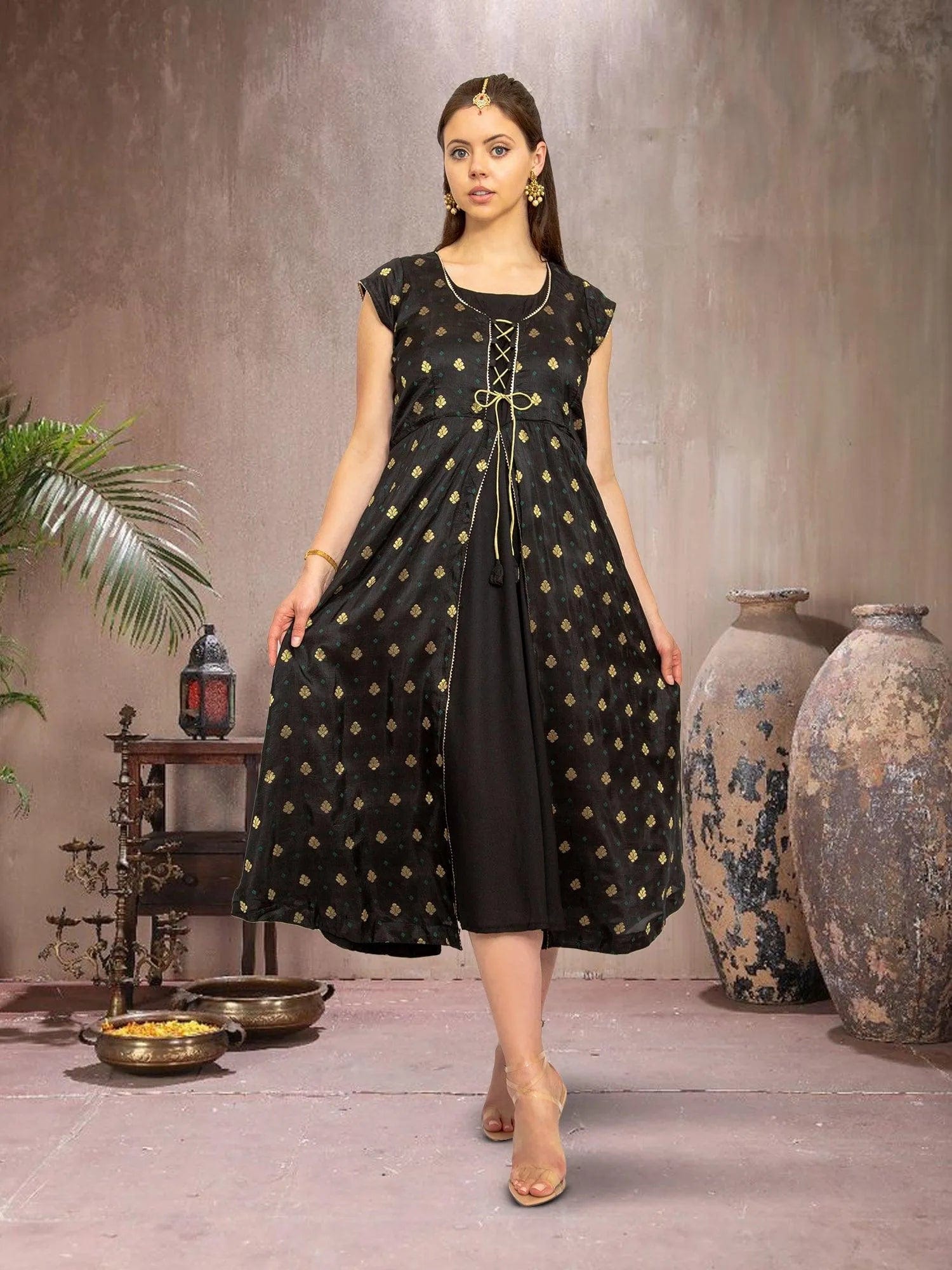 Elegant Black and Gold Silk Knee-Length Dress | Muvvas Boutique Elegant Black and Gold Silk Knee-Length Dress | Muvvas Boutique