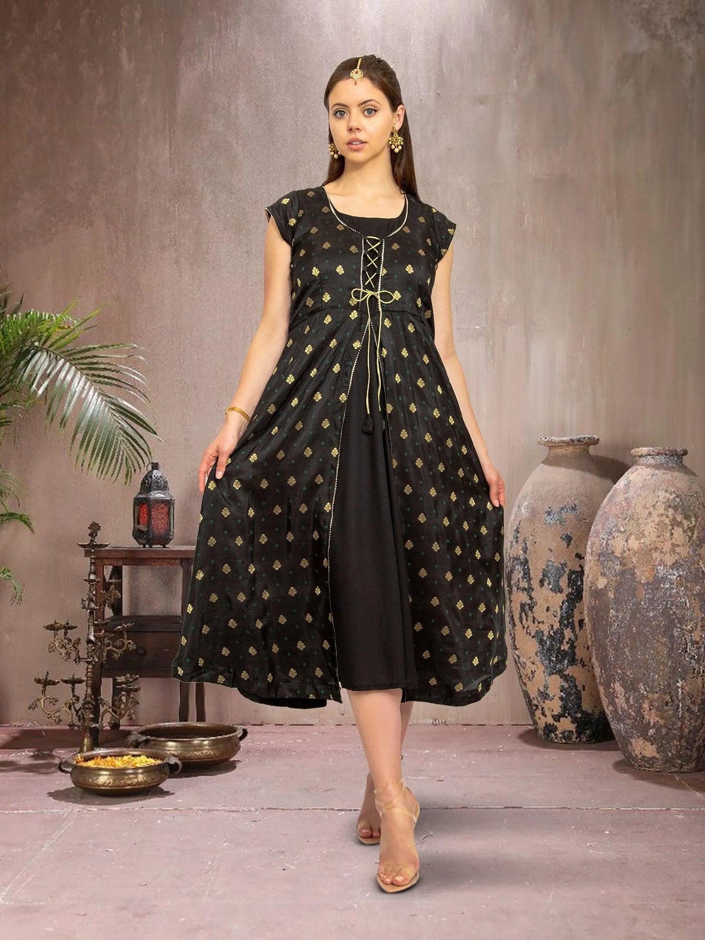 Luxury Black Gold Silk Knee-Length Dress | Indian Ethnic Wear | Modern Indian Wear | Indian Attire For Women | Weddings Engagement Parties | indian dress in usa online