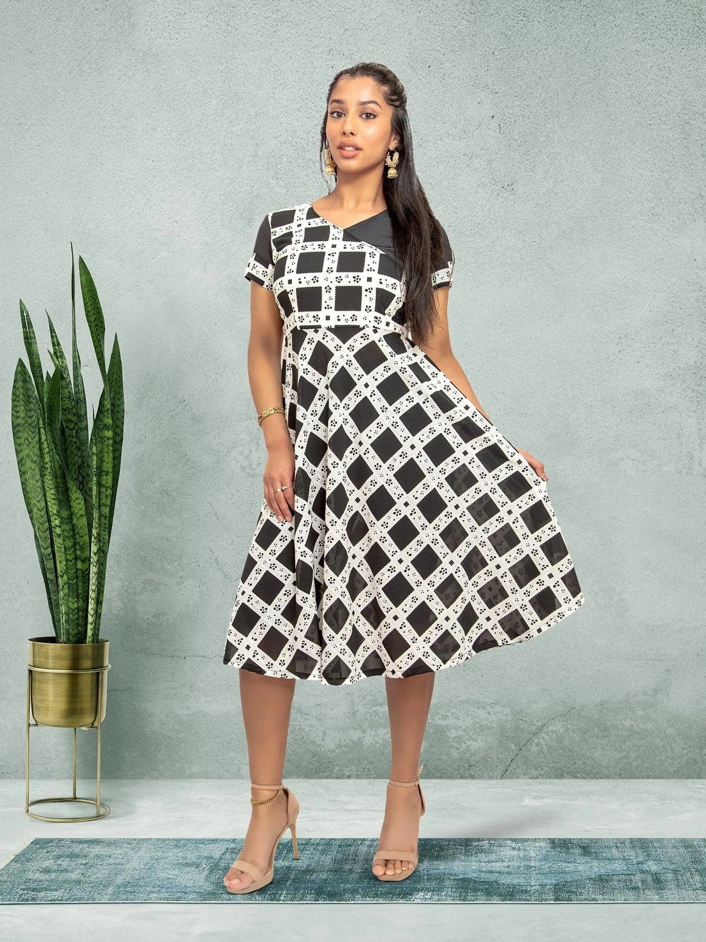 Black & White Knee Length Dress - Versatile Fusion | indian dresses for women party wear | Indian Ethnic Wear | Indian Attire For Women | Indian Contemporary Clothing