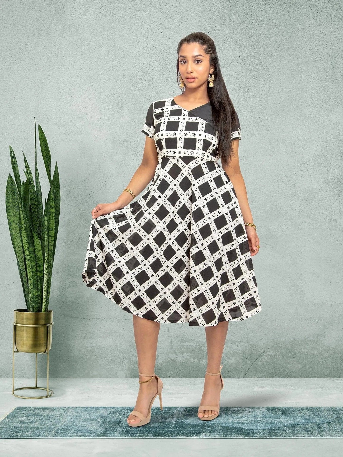 Black & White Knee Length Dress - Versatile Fusion | indian dresses for women party wear | Indian Ethnic Wear | Indian Attire For Women | Indian Contemporary Clothing