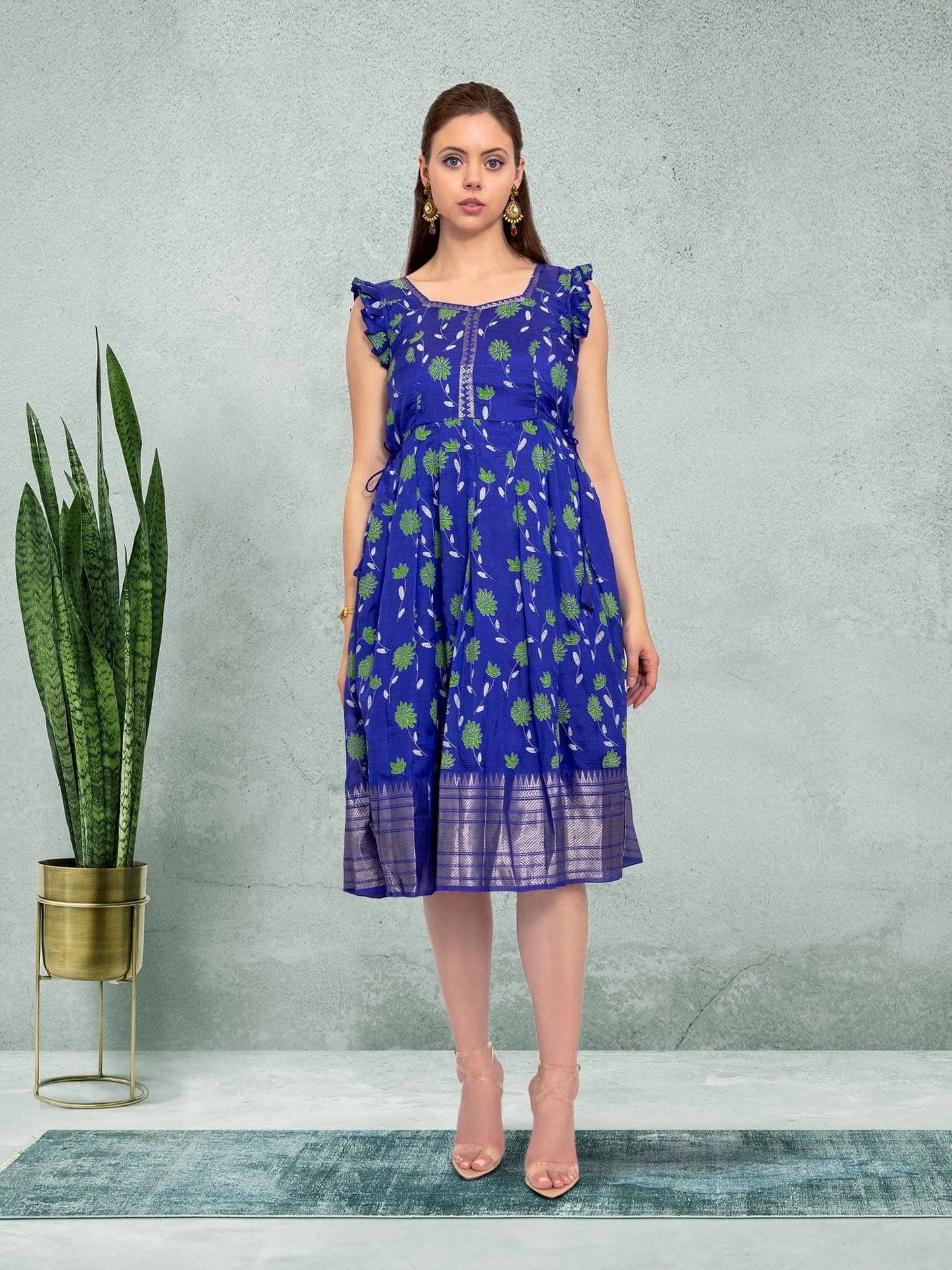 Blue Floral Festive Silk Knee-Length Dress | Indian Ethnic Wear | Indian Attire For Women | Indian Dresses From India | indian dress in usa online