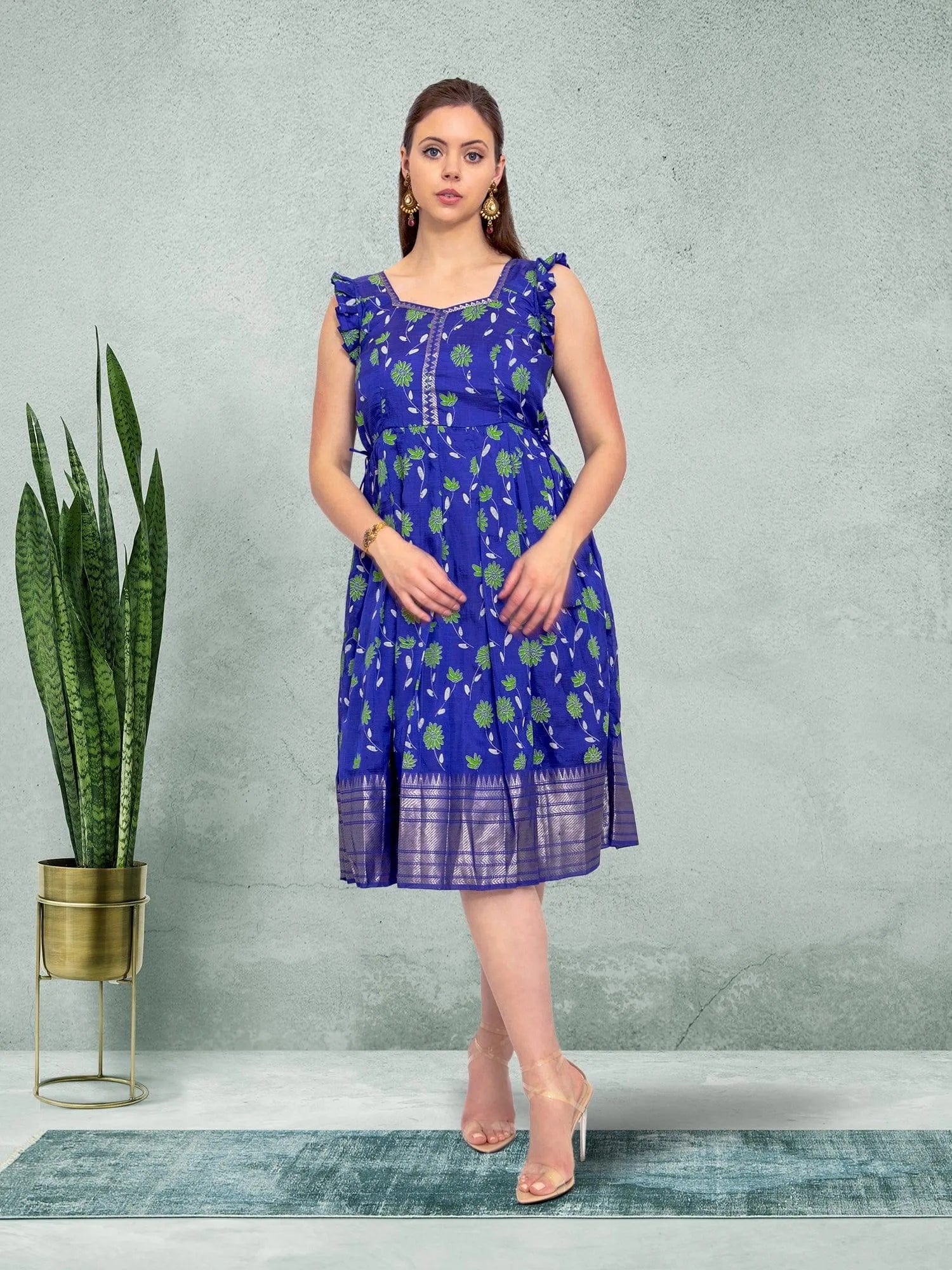 Blue Floral Festive Silk Knee-Length Dress | Indian Dress in USA Online Medium / Purple / Mangalagiri Silk Blue Floral Festive Silk Knee-Length Dress | Indian Dress in USA Online Medium / Purple / Mangalagiri Silk