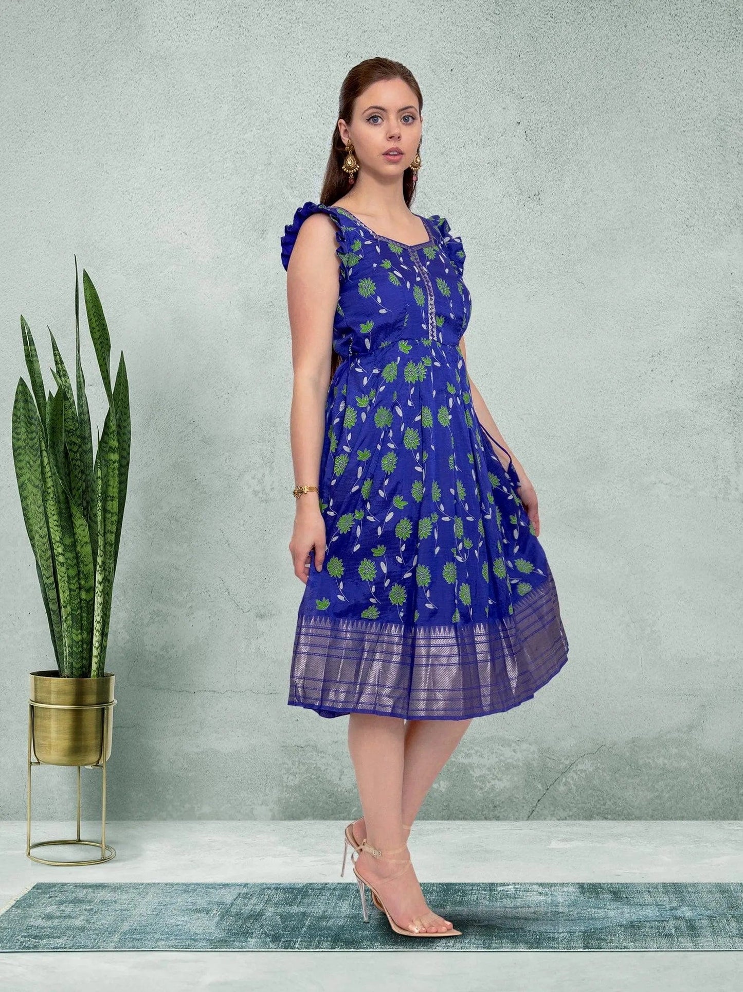 Blue Floral Festive Silk Knee-Length Dress | Indian Ethnic Wear | Indian Attire For Women | Indian Dresses From India | indian dress in usa online