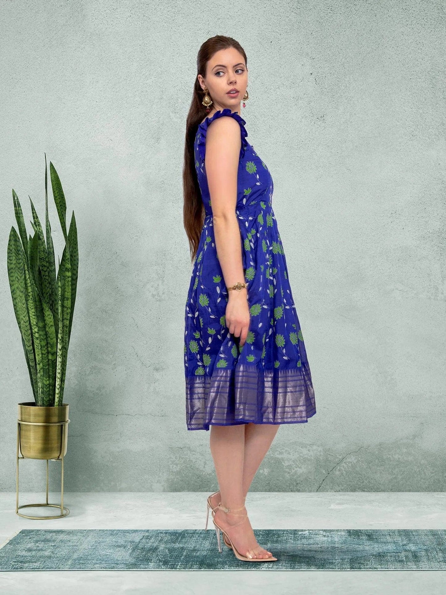 Blue Floral Festive Silk Knee-Length Dress | Indian Ethnic Wear | Indian Attire For Women | Indian Dresses From India | indian dress in usa online