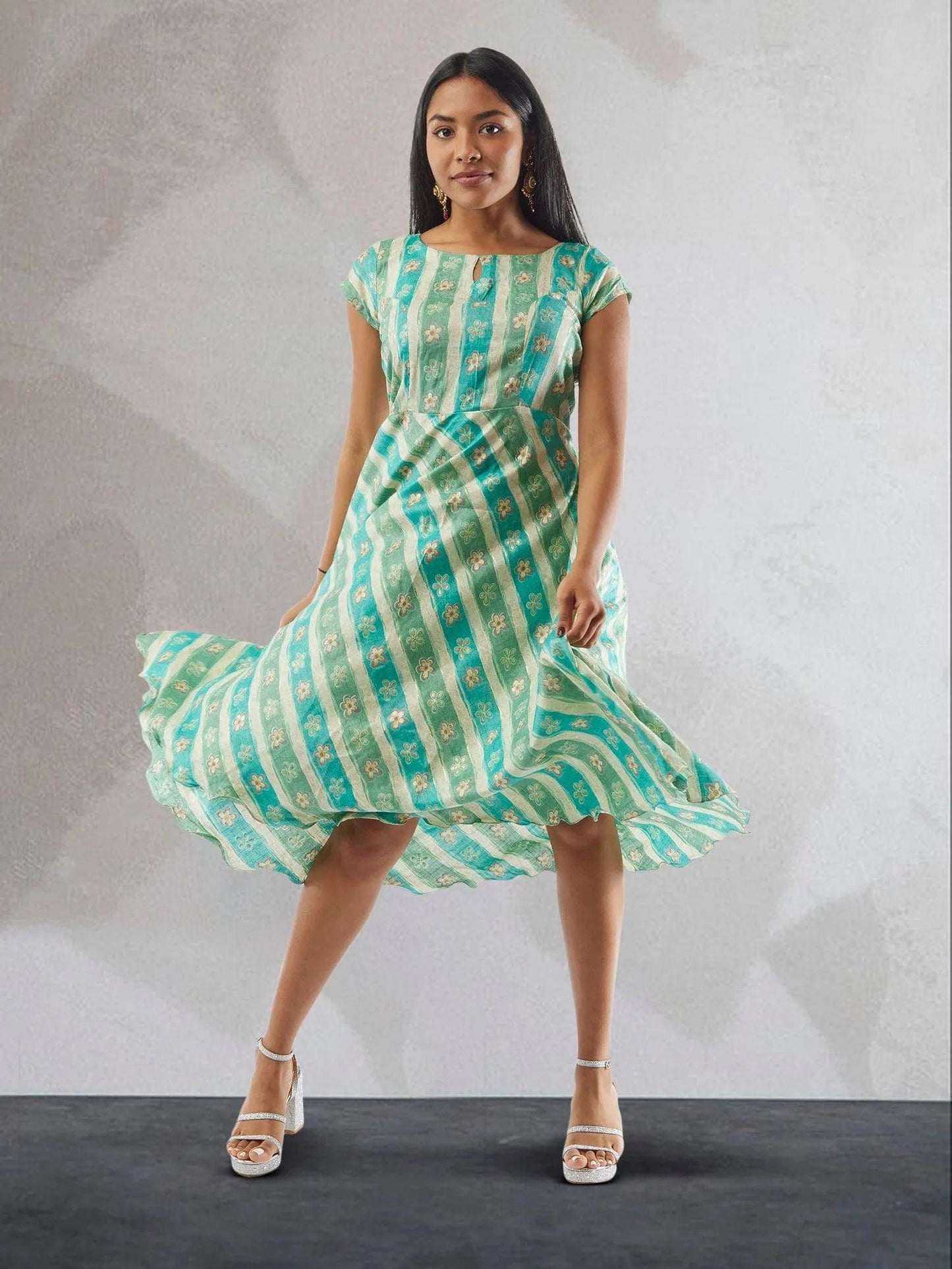 Blue, Green and White Floral Rayon Knee Length Dress | Indo Western Dress | Modern Indian Wear | indian party dress for women | indian wear usa | Indo Western Outfits