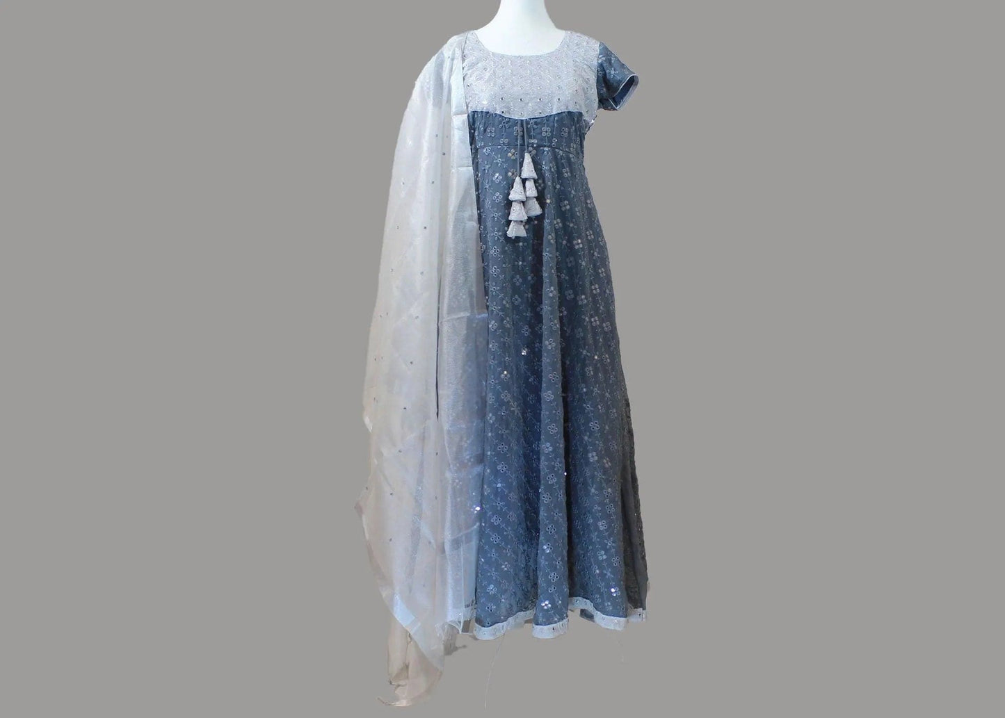 Anarkali Dress with Mirror Work | Grey Silver | Indian Ethnic Wear | Anarkali Suit | Indian Anarkalis