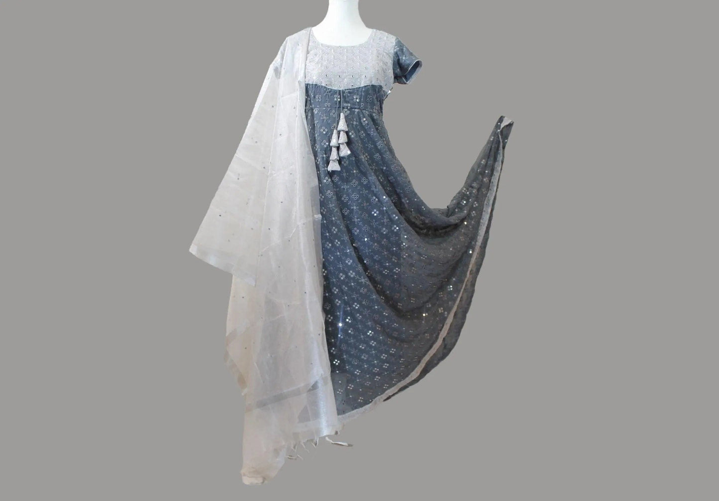 Anarkali Dress with Mirror Work | Grey Silver | Indian Ethnic Wear | Anarkali Suit | Indian Anarkalis