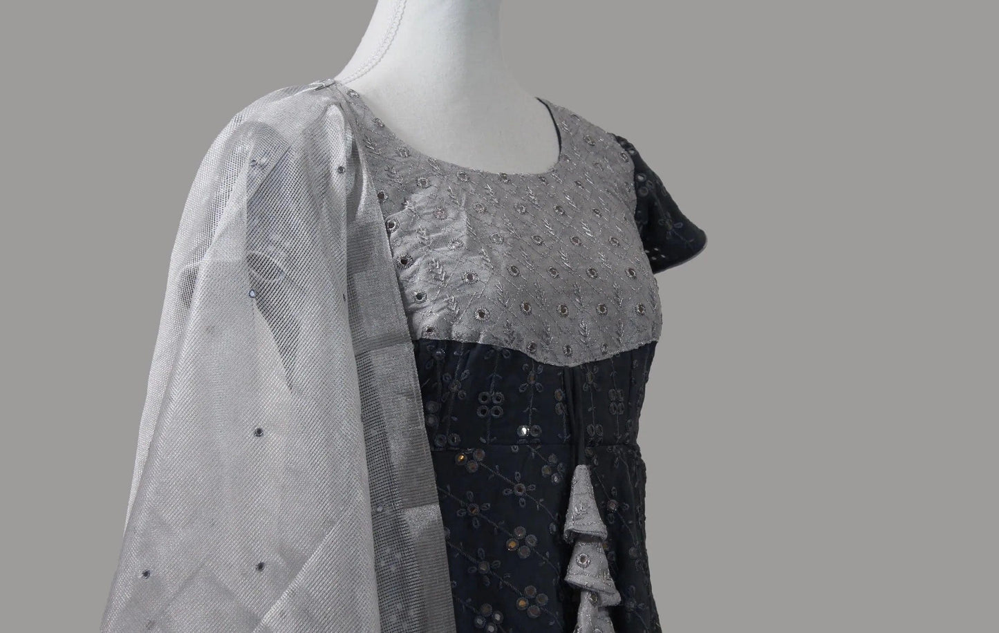 Anarkali Dress with Mirror Work | Grey Silver | Indian Ethnic Wear | Anarkali Suit | Indian Anarkalis