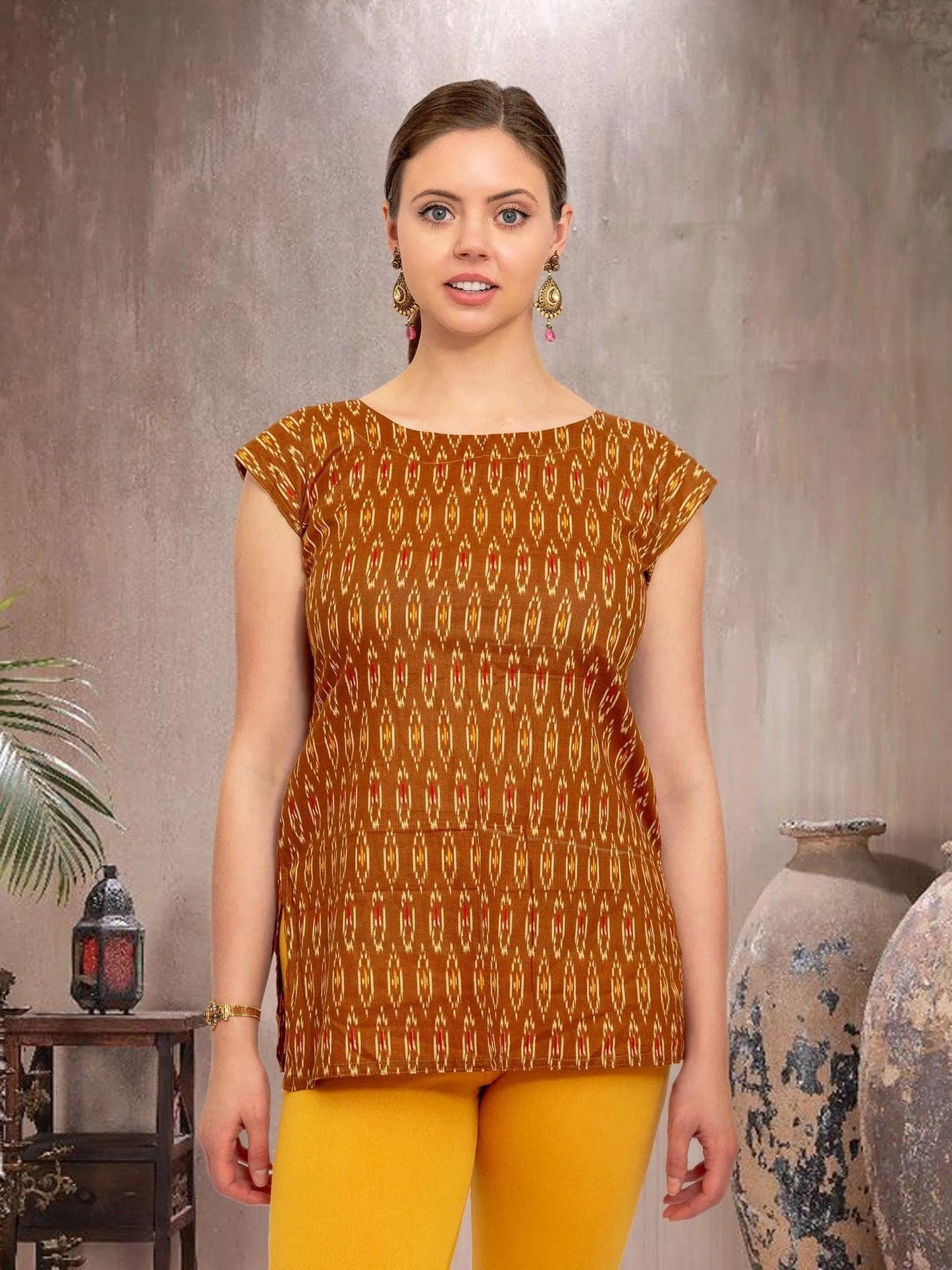 Casual Brown Printed Women's Short Top | Short Kurtis For women | Indian Attire For Women | Women's Tops | Indian Short Tops | Indian Wear for Women | Casual Indian Dress