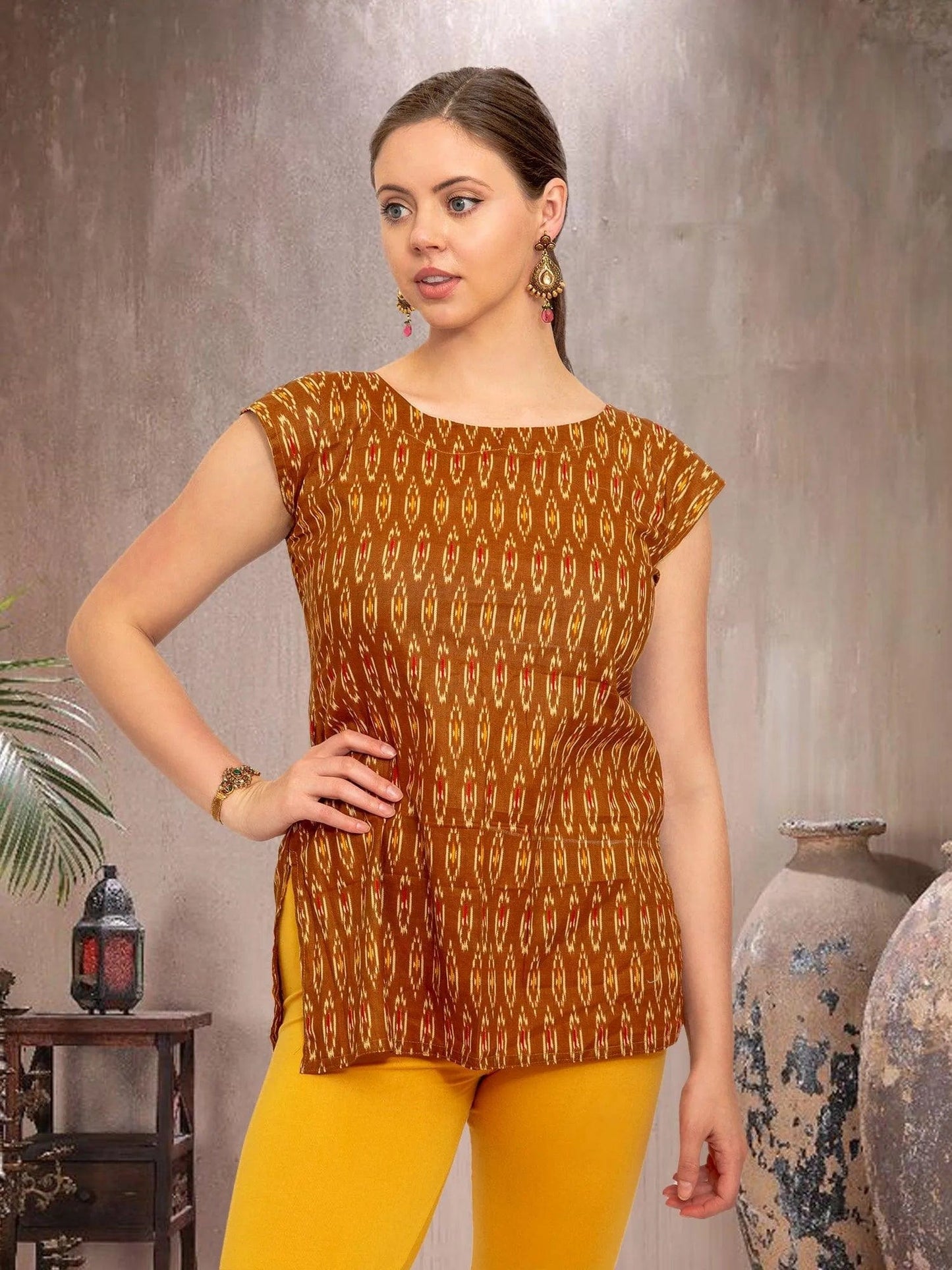 Casual Brown Printed Women's Short Top | Short Kurtis For women | Indian Attire For Women | Women's Tops | Indian Short Tops | Indian Wear for Women | Casual Indian Dress