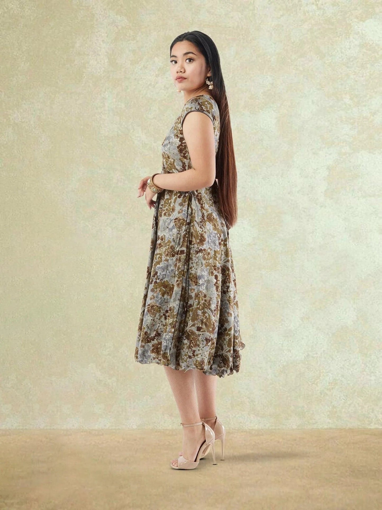 Brown and Grey Printed Rayon Knee Length Dress | Indo Western Dress | Modern Indian Wear | indian party dress for women | indian wear usa | Indo Western Outfits