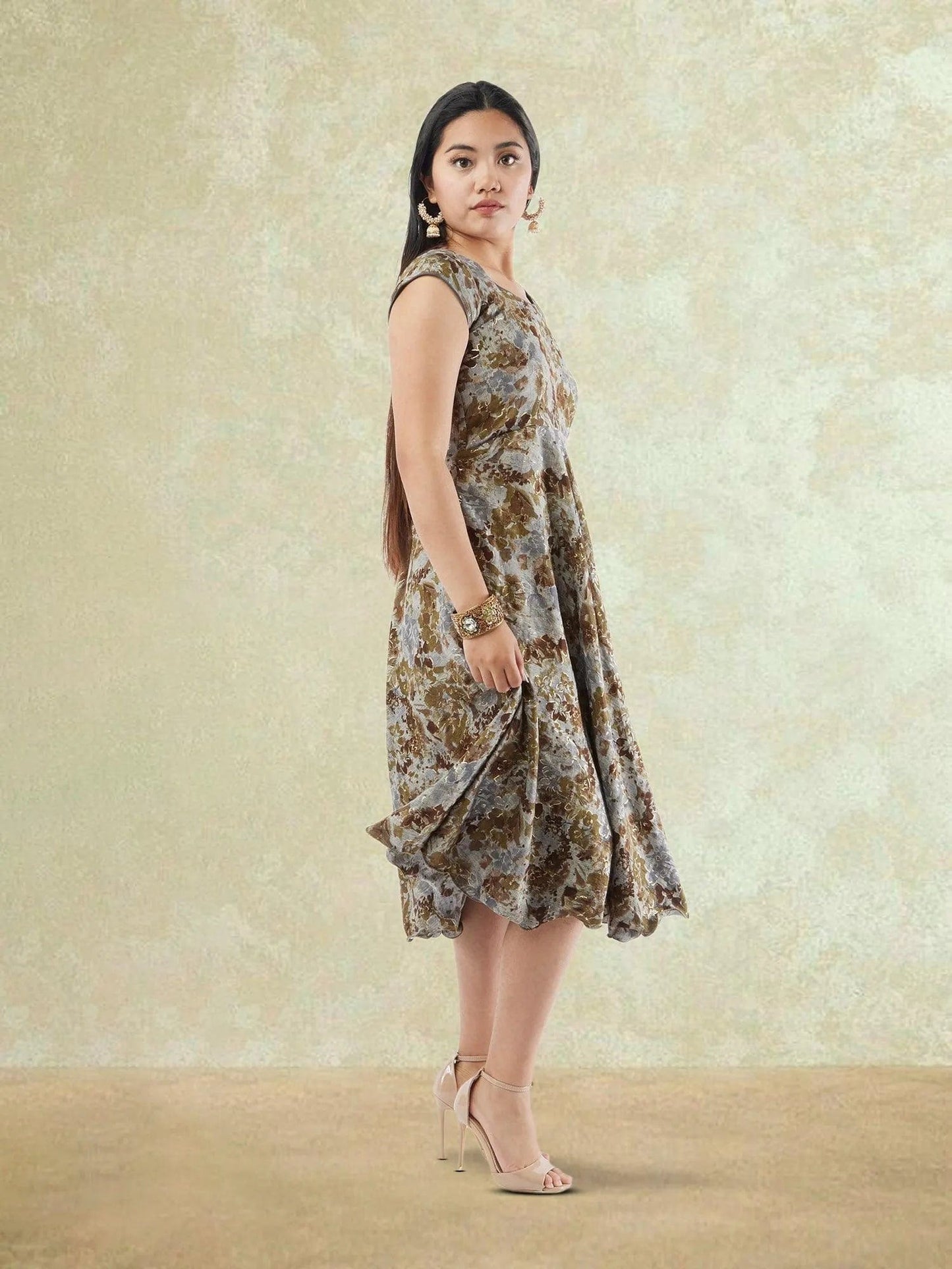 Brown and Grey Printed Rayon Knee Length Dress | Indo Western Dress | Modern Indian Wear | indian party dress for women | indian wear usa | Indo Western Outfits