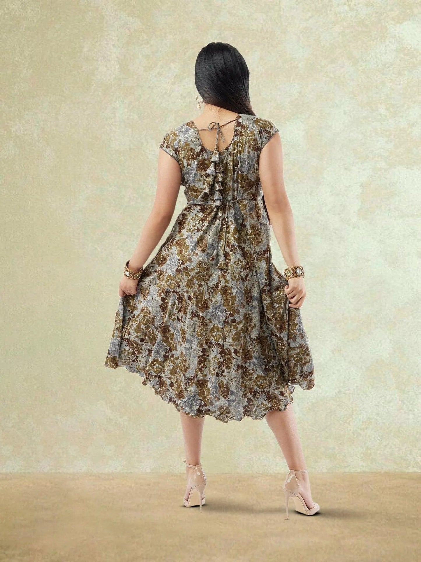 Brown and Grey Printed Rayon Knee Length Dress | Indo Western Dress | Modern Indian Wear | indian party dress for women | indian wear usa | Indo Western Outfits