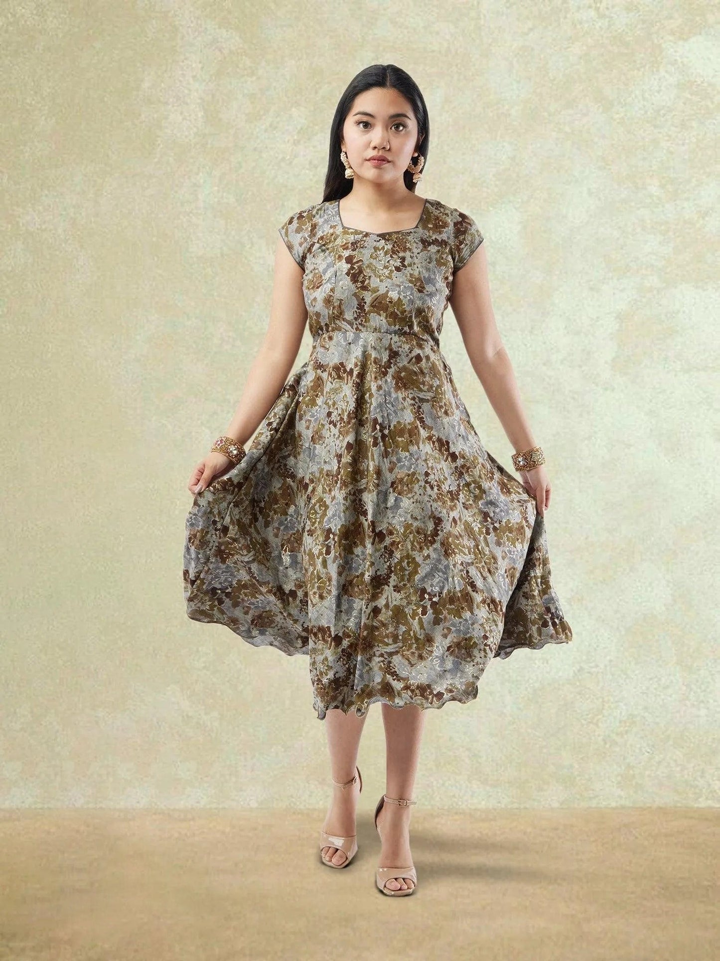 Brown and Grey Printed Rayon Knee Length Dress | Indo Western Dress | Modern Indian Wear | indian party dress for women | indian wear usa | Indo Western Outfits