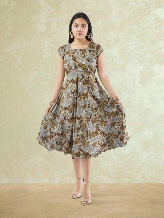 Brown and Grey Printed Rayon Knee Length Dress | Indo Western Dress | Modern Indian Wear | indian party dress for women | indian wear usa  | Indo Western Outfits