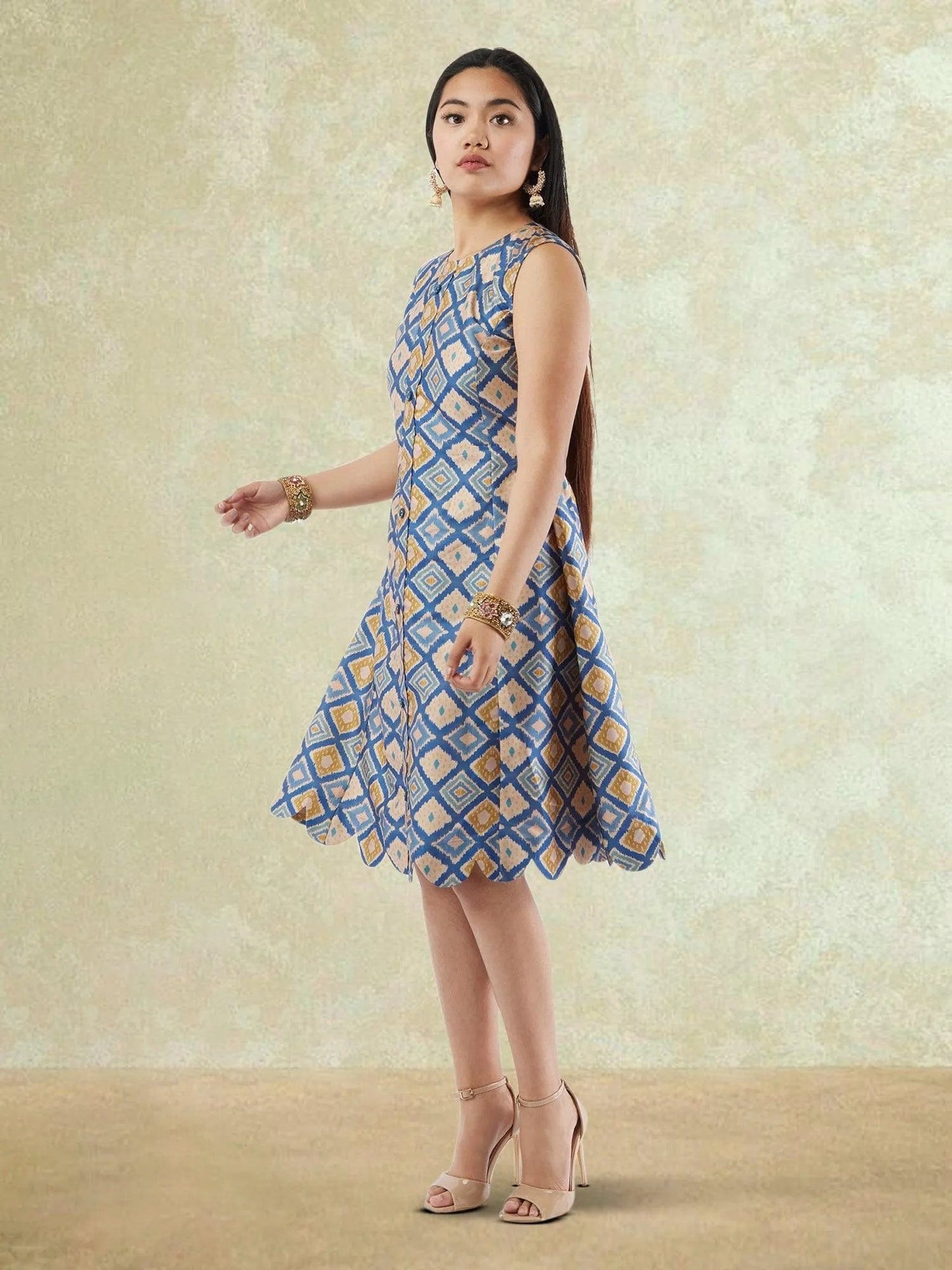 Cream and Blue Printed Raw Silk Knee Length Dress | Indo Western Dress | Modern Indian Wear | indian party dress for women | indian wear usa | Indo Western Outfits