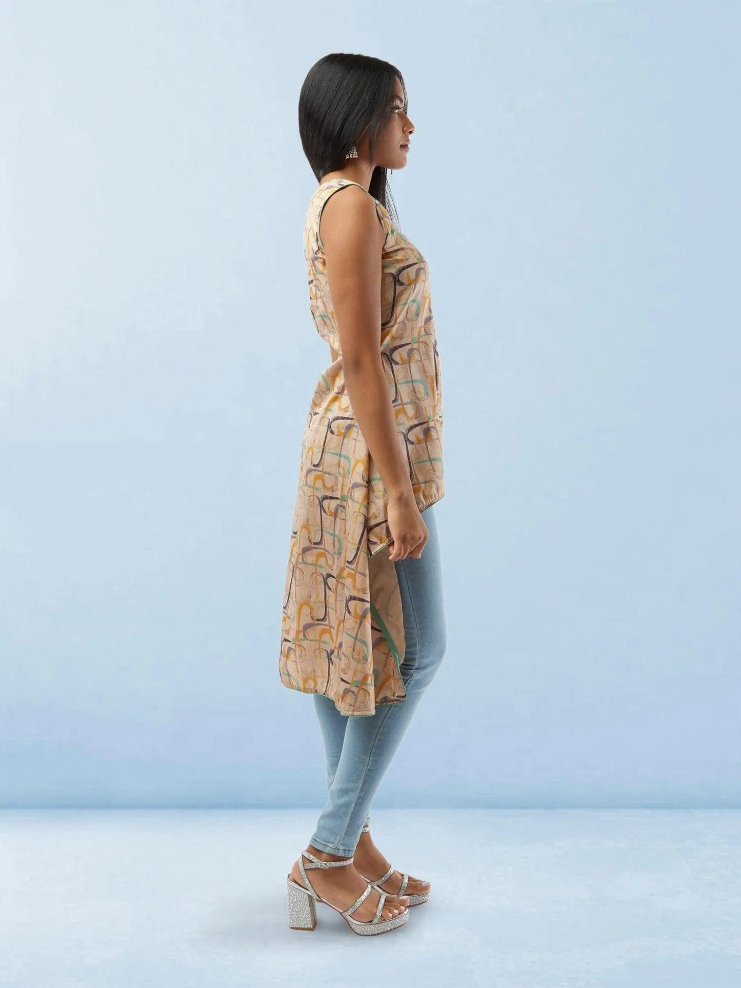 Cream Geometrical Print Raw Silk High Low Top | Short Kurtis For women | Short Kurtis For women | Modern Indian Wear | Indian Attire For Women | Women's Tops | Indian Short Tops